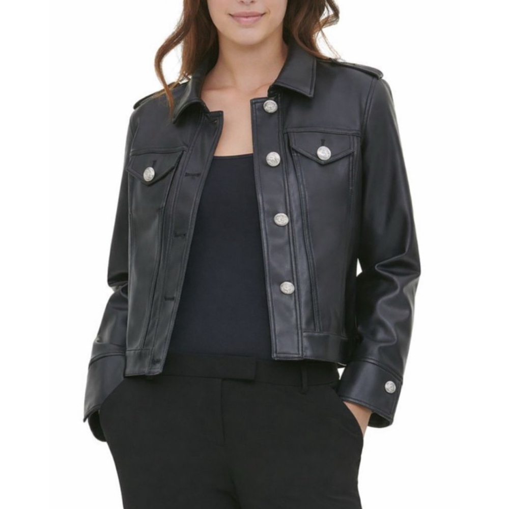 Calvin Klein Black Faux Leather Jacket Silver Button Front Size 3X